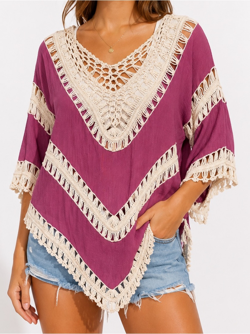 Crochet Knit Beach Vacation Bikini Overlay Shawl Top Burgundy/Maroon (One Size)